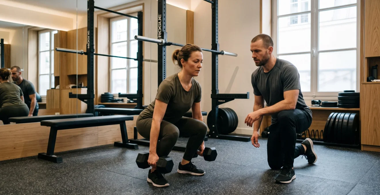 Un coach accompagne une cliente lors d'un exercice avec haltères dans un petit studio de sport privé à Paris.