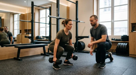 Un coach accompagne une cliente lors d'un exercice avec haltères dans un petit studio de sport privé à Paris.