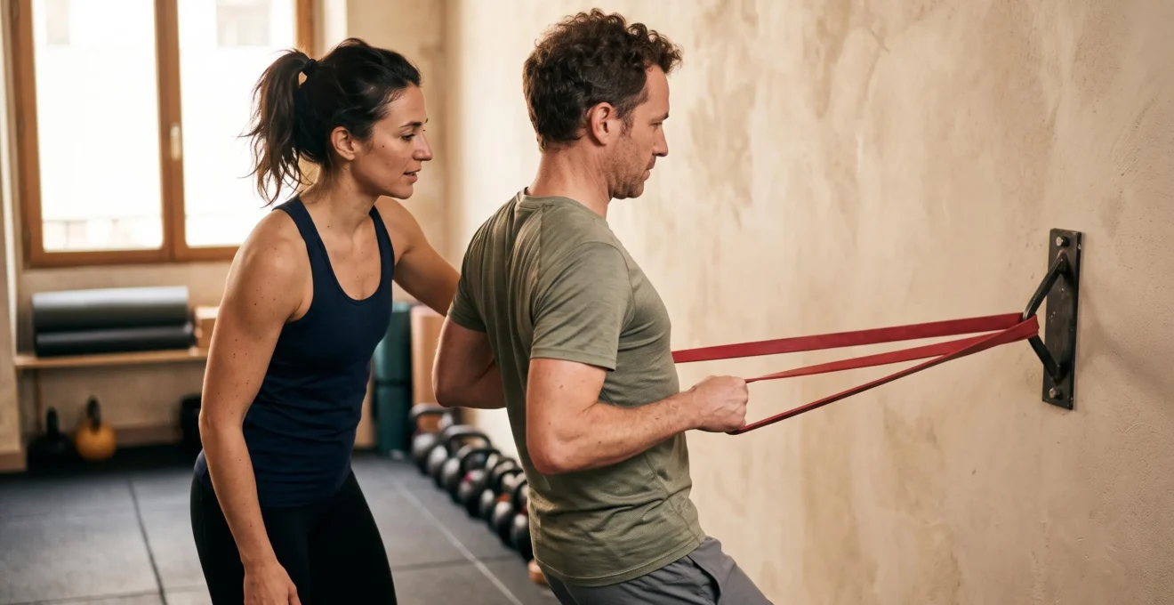 Une coach observe la posture d'un client réalisant un tirage avec bande élastique fixée au mur dans un studio de sport privé.