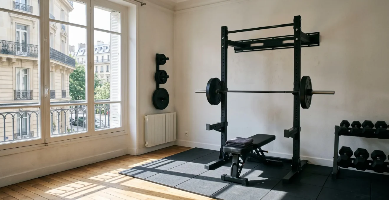 Un studio de sport privé vide avant une séance, avec rack à squat, banc et haltères disposés près d'une grande fenêtre donnant sur une rue parisienne.